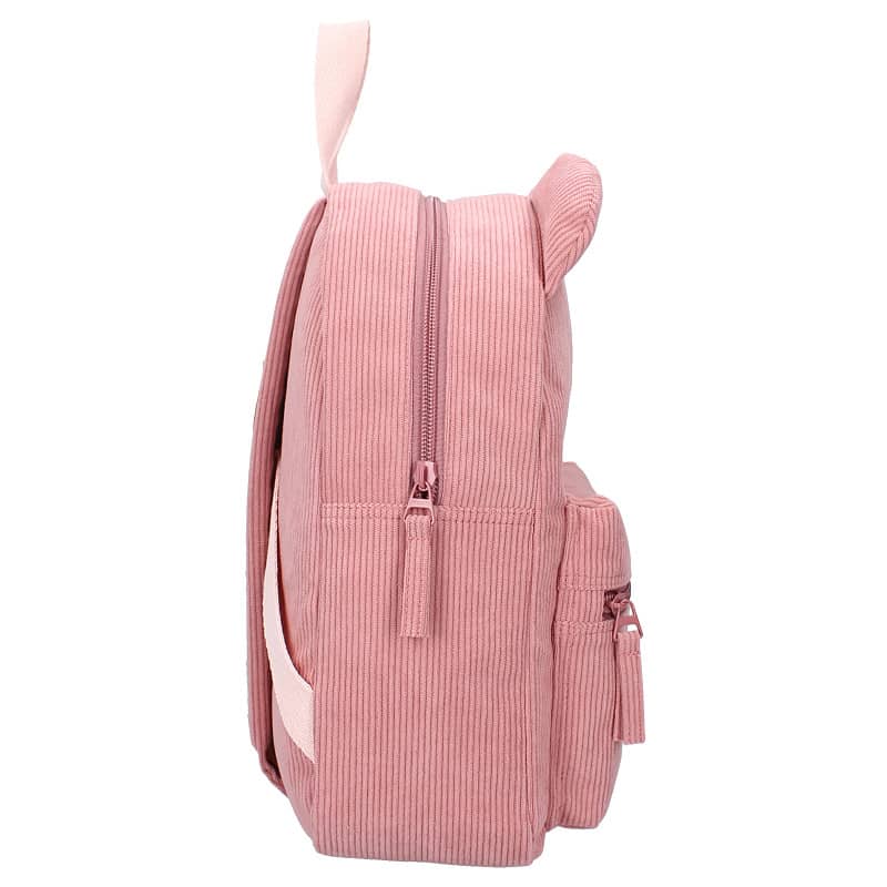 Roosa velvetkangast kõrvadega laste seljakott 7.3 L 3 roosa lapse seljakott külgvaade