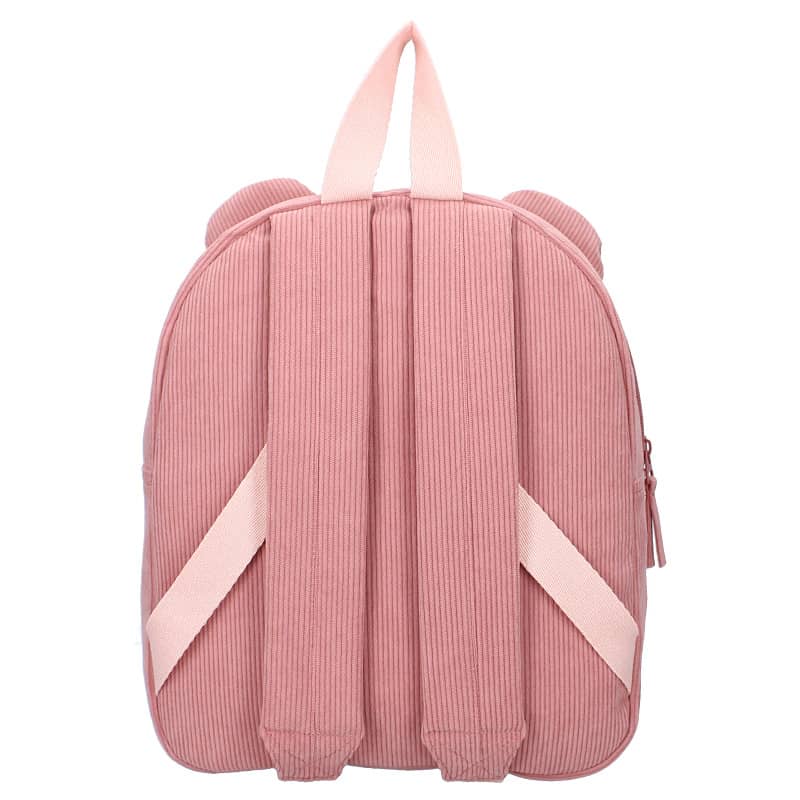 Roosa velvetkangast kõrvadega laste seljakott 7.3 L 4 roosa lapse seljakott tagantvaade