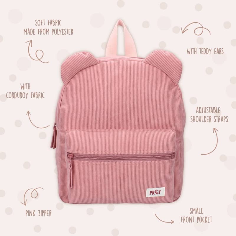 Roosa velvetkangast kõrvadega laste seljakott 7.3 L 5 roosa lapse seljakott detailid