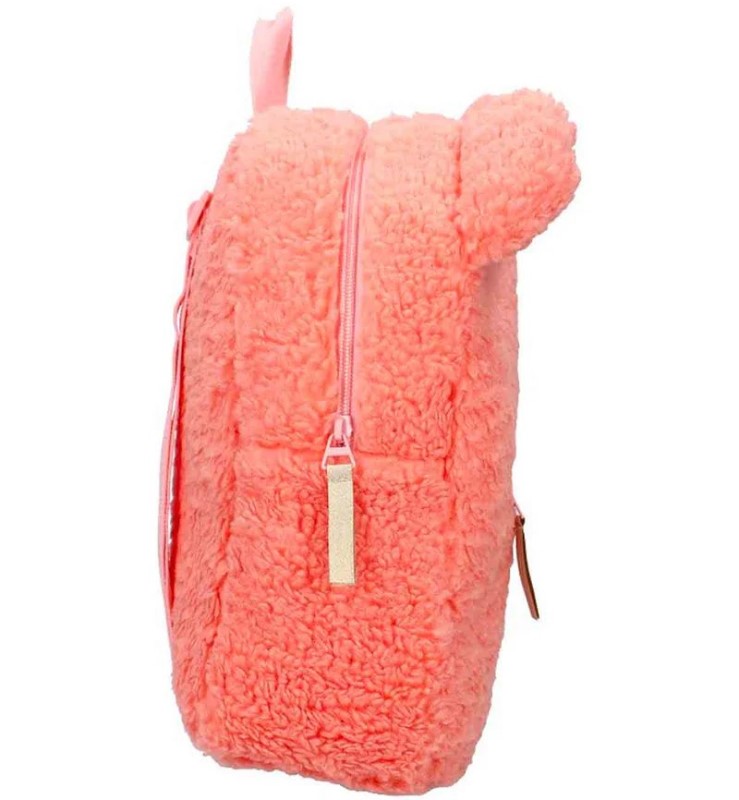 Virsikuvärvi teddy-kangast kõrvadega laste seljakott 7.3 L 2 laste nimega seljakott külgvaade