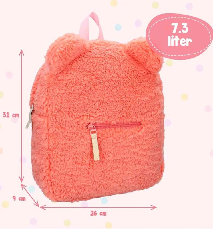 Virsikuvärvi teddy-kangast kõrvadega laste seljakott 7.3 L 4 laste nimega seljakott mõõdud