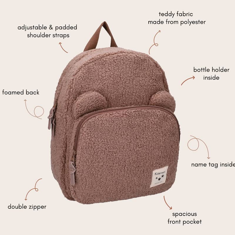 Pruun teddy-kangast kõrvadega laste seljakott 8.5 L 5 pruun laste seljakott detailid