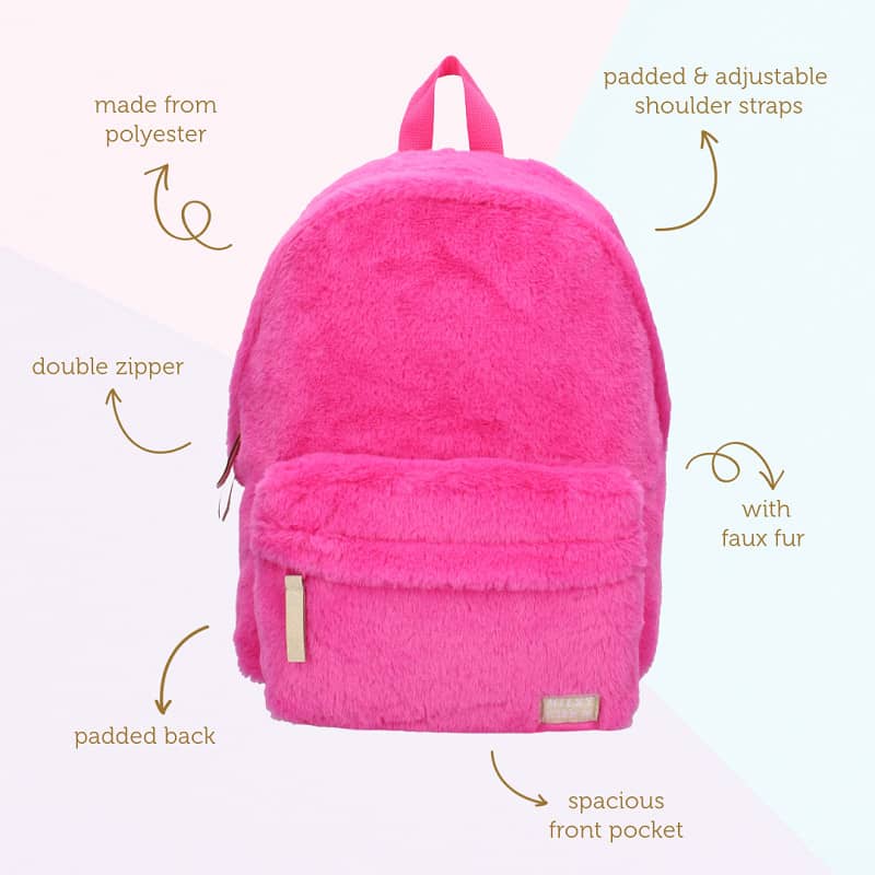 Tumeroosa kunstkarvast laste seljakott 11.5 L 5 tüdruku seljakott detailid