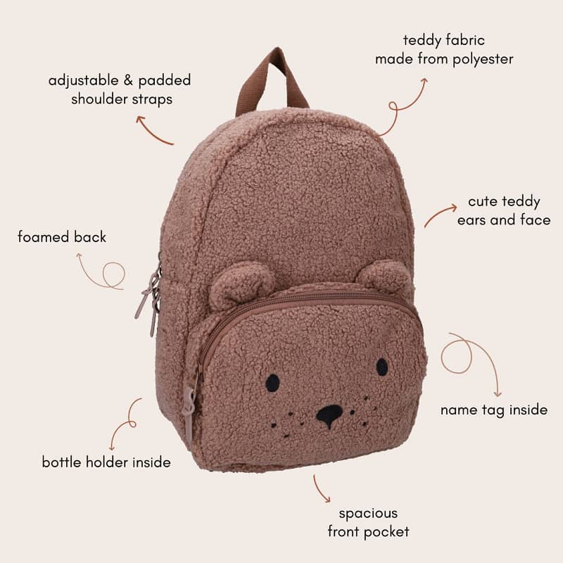 Pruun teddy-kangast kõrvade ja näoga laste seljakott Karu 6.1 L 5 vaikelaste seljakott detailid