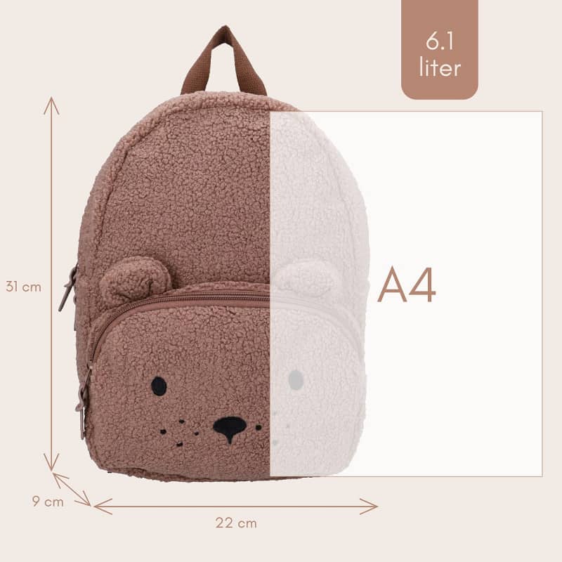 Pruun teddy-kangast kõrvade ja näoga laste seljakott Karu 6.1 L 6 vaikelaste seljakott mõõdud